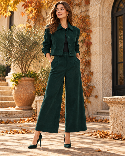 VALYANE, Ensemble femme, Ensemble deux pièces, Ensemble velours côtelé, Veste courte femme, Pantalon large femme, Tailleur femme, Workwear femme, Noir, Caramel, Vert foncé, Kaki, Mode femme, Look automne, Casual chic, Nouveautés